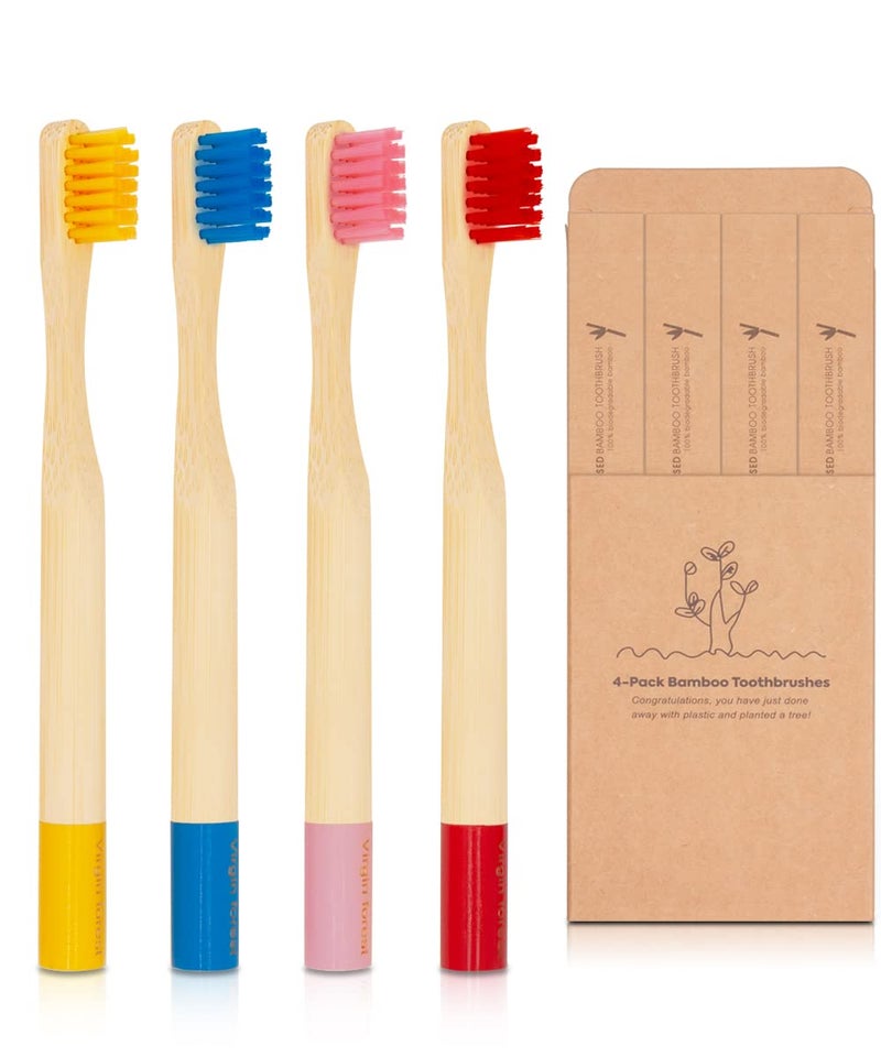 Virgin Forest Kids Bamboo Toothbrushes, Child Size Soft BPA Free Colored Safe Bristles (4 Pack) - Image 1